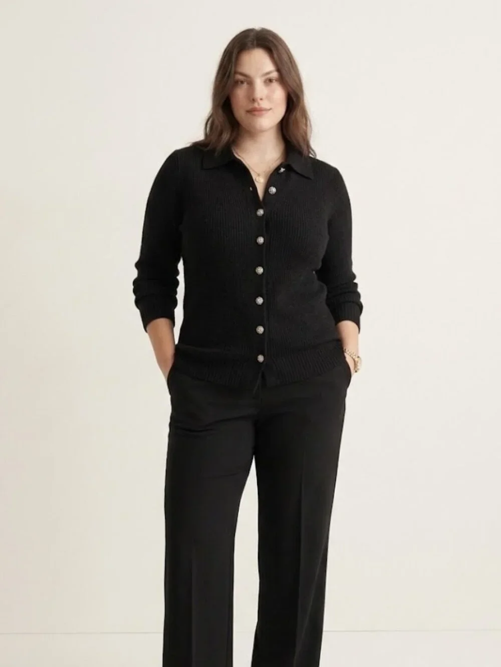 J.Crew Milano Stitch Sweater XL Black Collared Button Front Cinched Waist Luxury